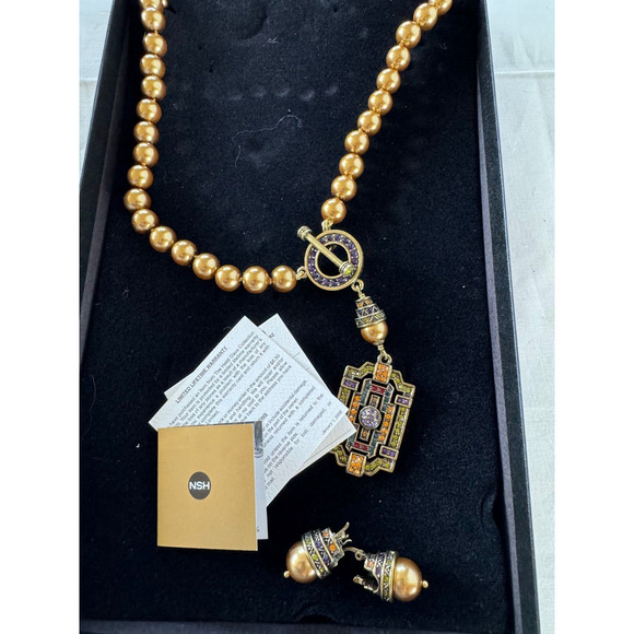 Heidi Daus Bronze Crystal Pearl Necklace Art Deco Toggle w Matching Earrings Box - Picture 1 of 9